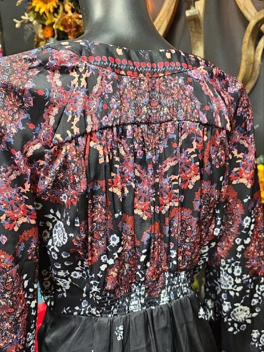 Free People Black Floral Tie-Front Blouse with Red & White Accents - Picture 7 of 8